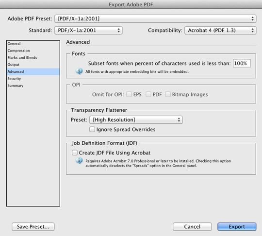 InDesign PDF Export Advanced Settings InDesign PDF Export Advanced Settings