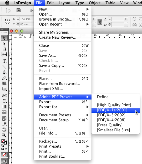 InDesign PDF Export menu InDesign PDF Export menu